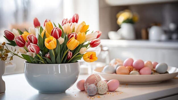 Des œufs de Pâques et des tulipes sur la table de la cuisine le matin