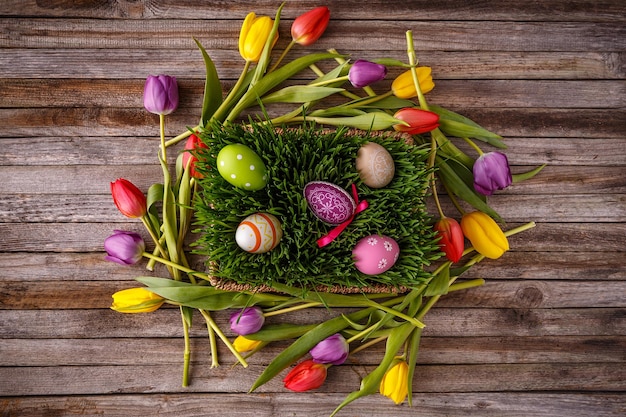 Oeufs de pâques avec tulipes