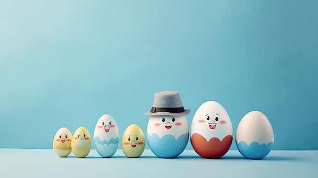 Des œufs de Pâques avec des visages drôles sur fond bleu illustration 3D