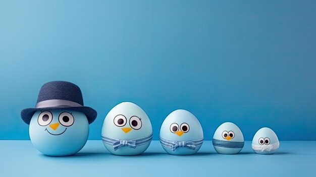 Des œufs de Pâques avec des visages drôles sur fond bleu illustration 3D