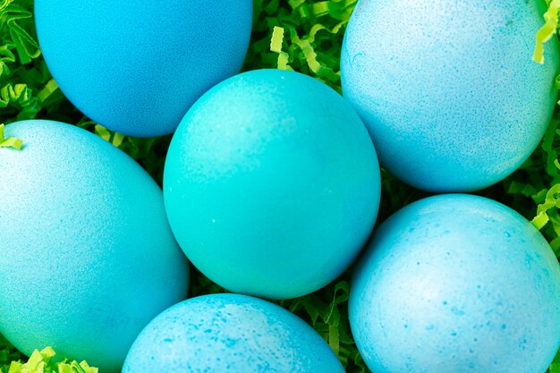 Oeufs peints en bleu dans un nid pour Pâques