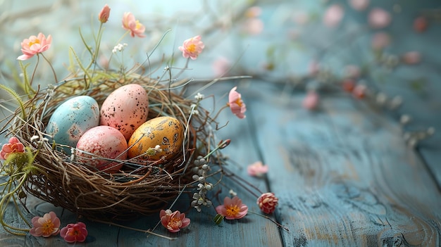 Des œufs peints avec des fleurs et une bannière de Pâques