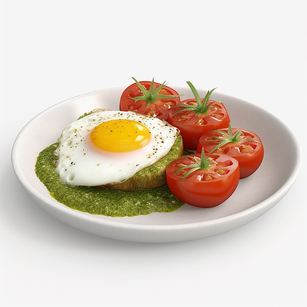 œufs de pesto frits avec des tomates mûres sur un plat blanc