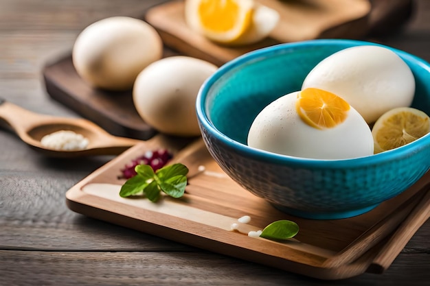 oeufs sur une planche à découper avec un bol bleu de persil.