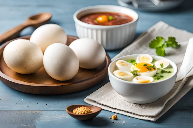 oeufs sur une planche à découper avec un bol de soupe