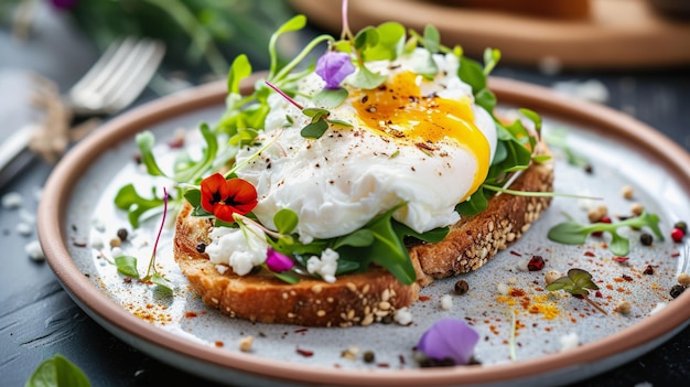 Des œufs pochés sur toast avec des pousses fraîches et des épices