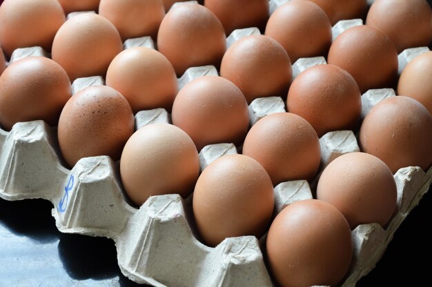 Oeufs de poule bio dans le bac à papier Mise au point sélective