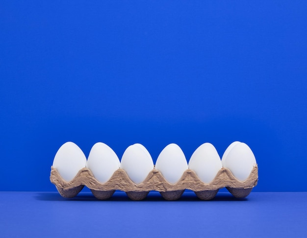 Oeufs de poule blancs dans un récipient en carton Un petit-déjeuner sain pour toute la famille Copiez l'espace pour le texte