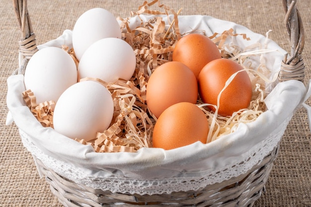 oeufs de poule blancs et jaunes dans un grand panier sur des copeaux de bois produits ruraux pour brouillés par exemple