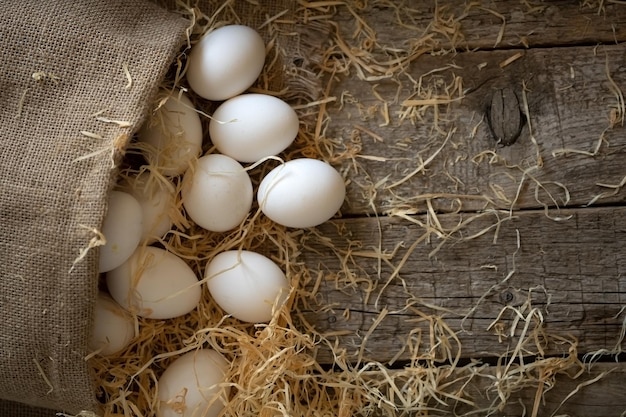 Oeufs de poule blancs sortis du sac de toile de jute sur des planches en bois avec de la paille ou du foin en gros plan