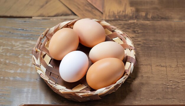 Oeufs de poule dans un panier sur une table en bois générative ai