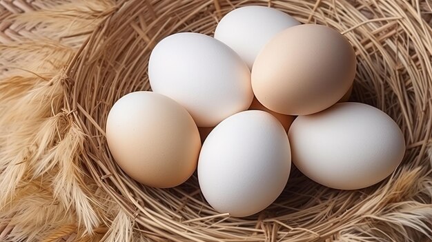 Des œufs de poule dans une plaque d'hysope naturelle ressemblant à un nid Vue d'en haut