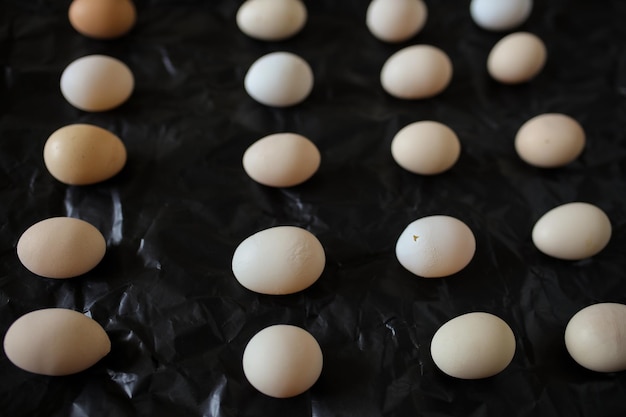 Oeufs de poule sur fond noir Les oeufs de poule sont symétriques Quelques oeufs sur fond noir