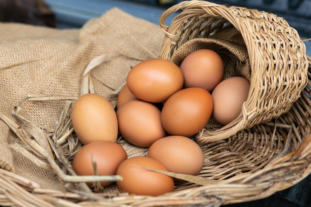 Oeufs de poule frais dans un panier.