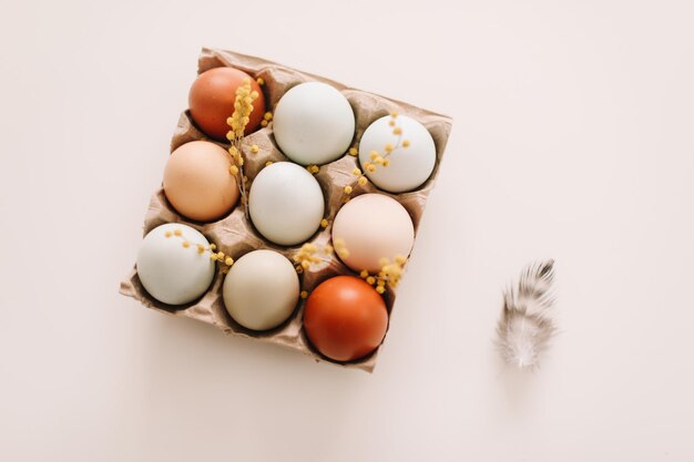 Oeufs de poule frais de nuances et de couleurs naturelles sur fond blanc Joyeuses Pâques concept