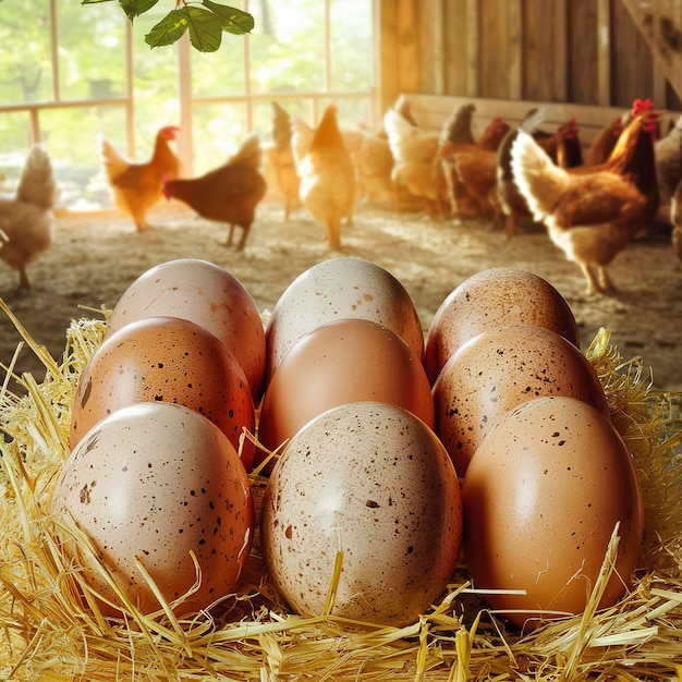 Des œufs de poule frais sur de la paille