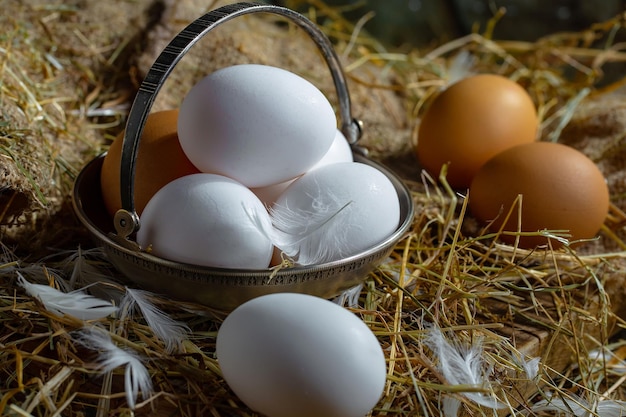 Des œufs de poule sur de l'herbe sèche sur un vieux fond