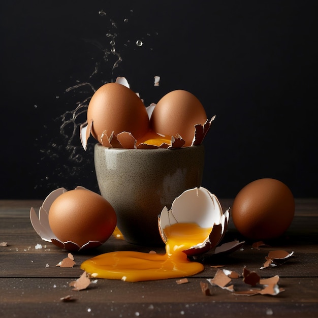 Oeufs de poule Nourriture avariée Un oeuf cassé sur une table en bois Le concept d'une mauvaise journée dans la cuisine