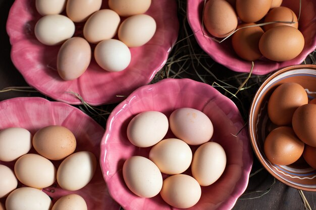 Oeufs de poule sur des plaques d'orange