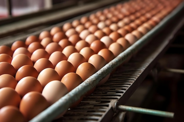 Des œufs de poule se déplaçant le long d'un convoyeur dans une ferme de volailles Agriculture Fabrice d'agriculture Industrie alimentaire IA