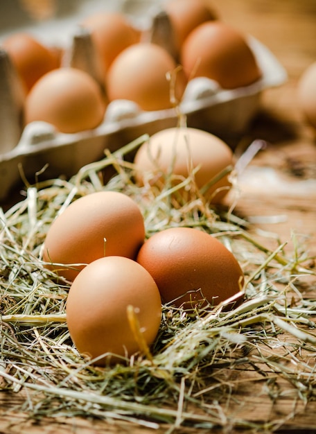 Des œufs de poule sur une table en bois.