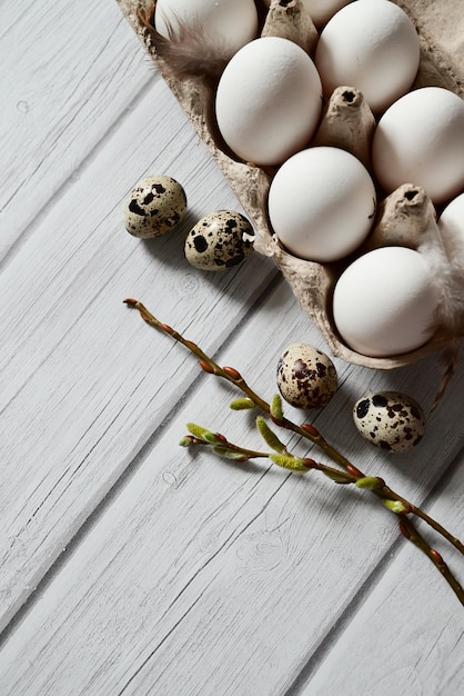 Oeufs de poulet et de caille blancs de pâques support kraft gris fond clair branches de saule pâques