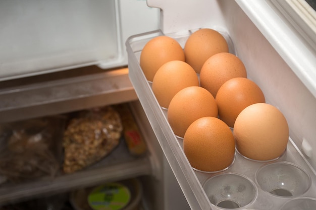 Oeufs de poulet sur l'étagère du réfrigérateur