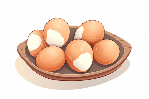 Photo des œufs de poulet sur un plateau de nourriture des œufs poché à la coque dans la coquille dessin animé plat
