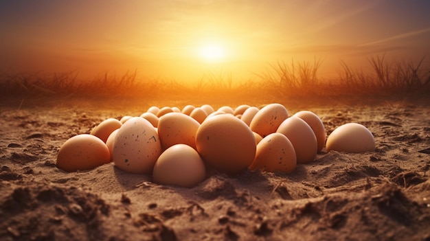 Oeufs sur un sol sablonneux avec le soleil couchant derrière eux