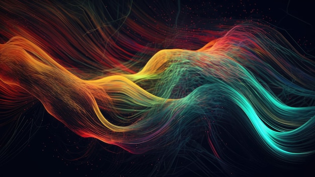 Une œuvre d'art abstraite dynamique mettant en vedette un spectre vif de lignes fluides et de particules de lumière dans un s sombre