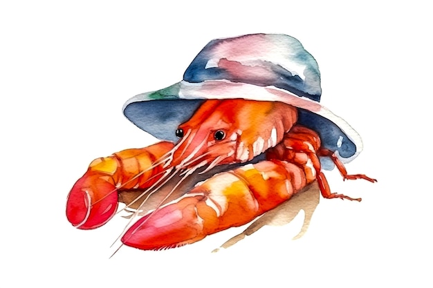 œuvre d'art à l'aquarelle représentant un homard avec un chapeau à la mode ai