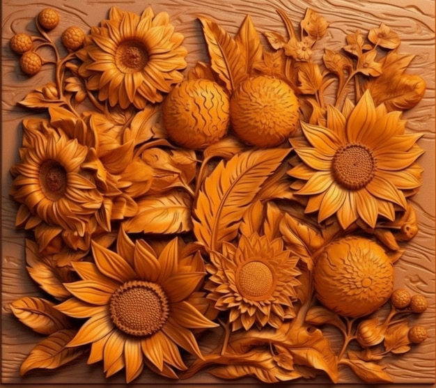 Une œuvre d'art en bois avec des fleurs dessus