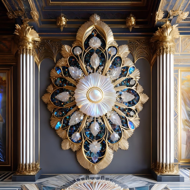 Une œuvre d'art décorative avec une coquille blanche dessus.