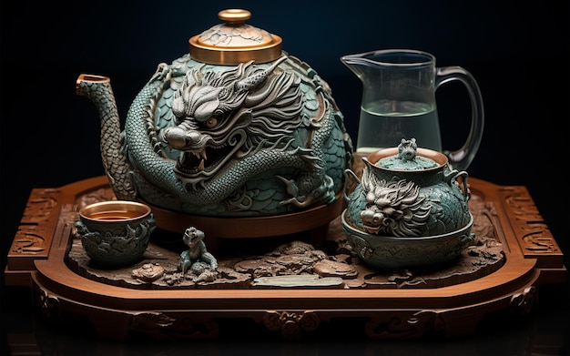 oeuvre d'art avec dragon sur une cruche et une bouilloire posées sur un plat en bois