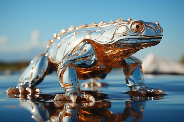 Une œuvre d'art d'une grenouille faite de métal liquide et de fond blanc