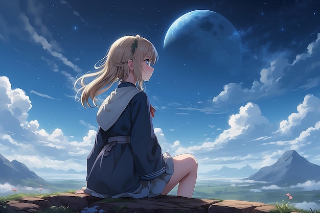 Une œuvre d'art numérique d'une fille d'anime fantastique solitaire regardant le ciel