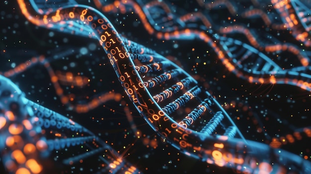 Œuvre d'art numérique futuriste intégrant l'ADN avec le code binaire pour la représentation du stockage de données de l'ADN