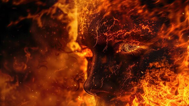 Une œuvre d'art numérique intense mélangeant un œil humain avec la beauté chaotique des flammes symbolisant la vision, la passion ou la transformation.