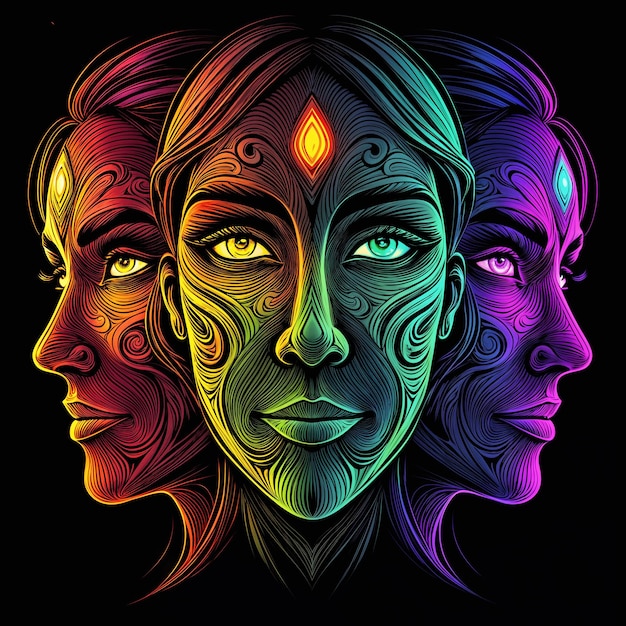 Une œuvre d'art numérique mettant en vedette trois visages féminins stylisés chacun avec des schémas de couleurs et des motifs distincts sur un fond sombre