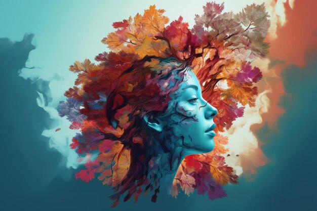 une œuvre d'art numérique représentant le visage d'une dame qui porte un arbre comme couronne