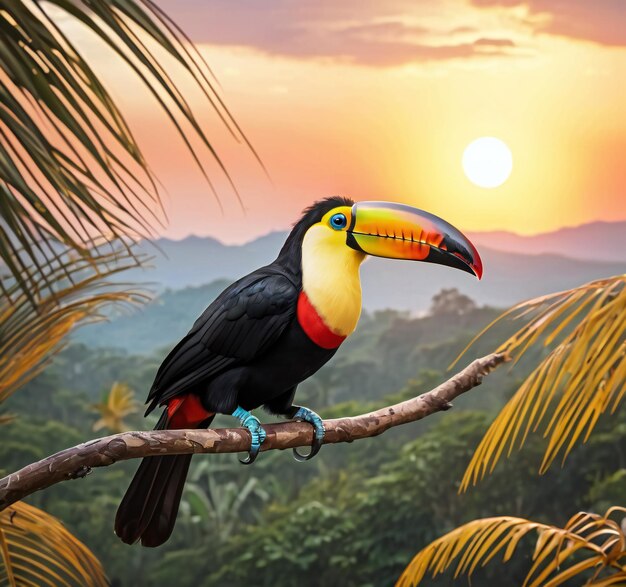 Une œuvre d'art numérique d'un toucan vibrant perché sur une branche d'arbre tropical contre un coucher de soleil