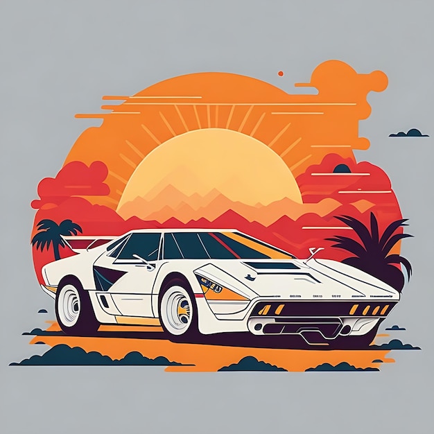 œuvre d'art de t-shirt design graphique design plat d'une Ferrari rétro blanc Miami nuances colorées