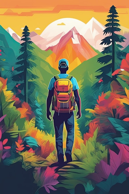 œuvre d'art de t-shirt design graphique design plat d'un randonneur dans la forêt luxuriante montagnes colorées