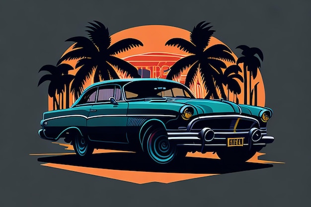 œuvre d'art de t-shirt design graphique design plat d'une voiture classique rétro