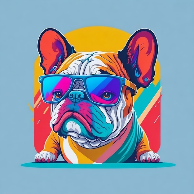 Oeuvre de conception graphique de t-shirt illustration plate d'un bouledogue mignon rétro portant des lunettes de soleil