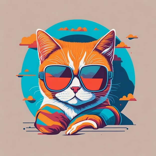 Oeuvre de conception graphique de t-shirt illustration plate d'un chat mignon rétro portant des lunettes de soleil