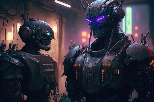 Oeuvre cyberpunk avec des robots