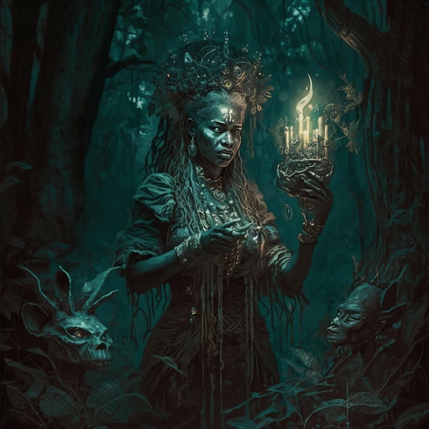 Une oeuvre de dark fantasy avec une femme tenant une lanterne au milieu de la forêt.