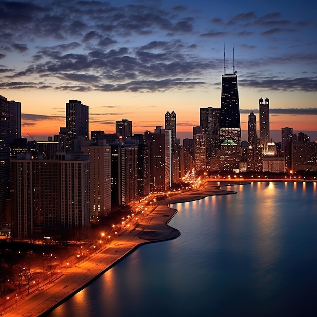 Oeuvre du centre-ville de coucher de soleil spectaculaire sur les toits de la ville de Chicago