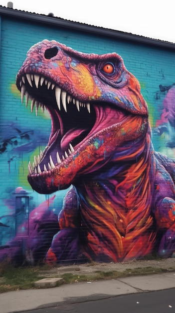 Oeuvre de graffiti vibrante d'un TRex contre un mur urbain sombre générée par l'IA